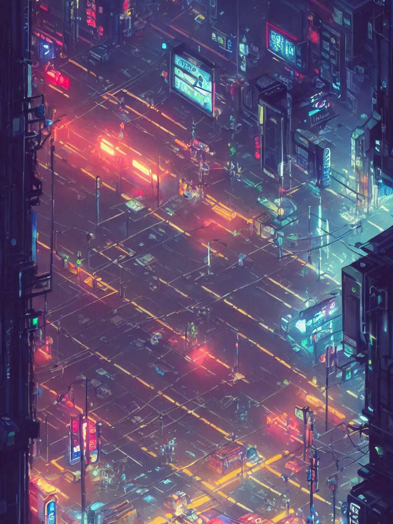 Image similar to isometric _ view _ of _ a _ cyberpunk _ neo - tokyo _ street _ with _ illuminated _ signs _ and _ wet _ pavement _ by _ andrei _ riabovitchev _ shaun _ tan _ peter _ mohrbacher _ a