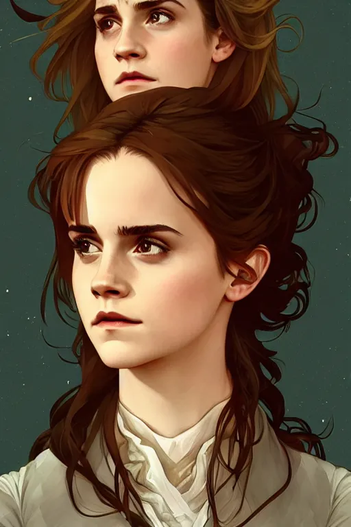 Image similar to Poster artwork, Emma Watson as Hermione Granger, medium shot, details, sharp focus, illustration, by Jordan Grimmer and Alphonse Mucha and greg rutkowski and PiNe(パイネ) and 薯子Imoko and 香川悠作 and maya takamura, intricate, beautiful, Trending artstation, pixiv, digital Art