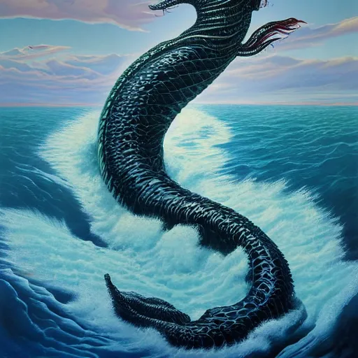 Image similar to Sea serpent, illustration by Michael Whelan, fantasy art, visionary art, acrylic painting, smooth blending