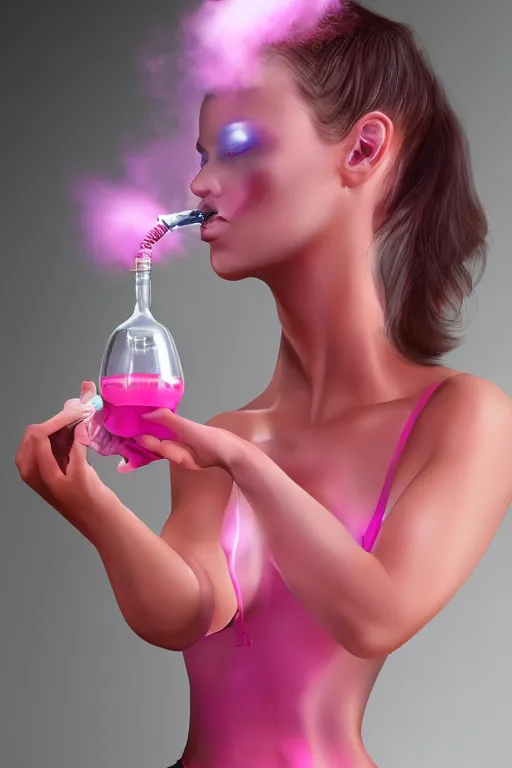 Image similar to Beautiful Woman Using a Pink Vapor Inhalation Machine Connected to a Spherical Bottle of Pink Liquid by a Tube, Pink Vapor Leaking from an Oxygen Mask, fantasy, magic, ultra detailed, digital art, trending on artstation, illustration, medical laboratory