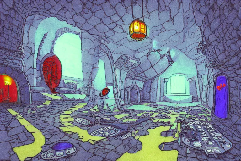 Prompt: ONE POINT PERSPECTIVE DUNGEON zorbo ROOM filled with black greatwyrm, painted by Edward Gorey and Moebius and Greg Rutkowski and Paul Wenzel and George Barr and Stephen Youll,trending on artstation, iridescent cool blue and cyan and red and blue and yellow and green lighting front view futuresynth , outrun , vibrant colors, Sabattier filter , Watercolor