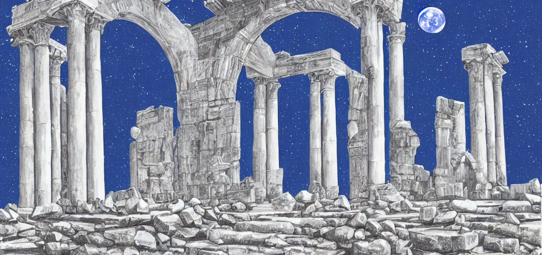 Image similar to The ruins of the Silver Millennium on the moon from Sailor Moon, digital painting, Earth in the distance, Greek-esque columns and ruins