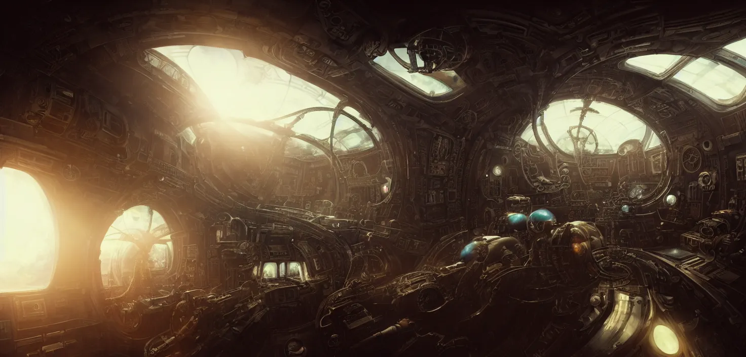 Prompt: cockpit view of a steampunk spacecraft designed by h. r. giger, solarpunk city underneath, early morning, light coming in through the window, bokeh, closeup, rule of thirds, roger deakins, ridley scott, jan urschel, john singer sargent, mandelbulb, sorolla, ghibli