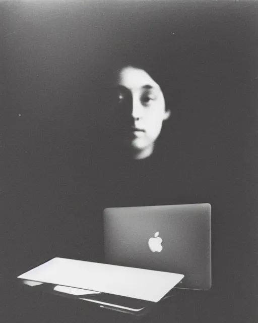 Prompt: 1 9 0 0 s photo of a person on a macbook pro old photo grain double exposure