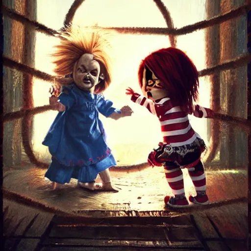 Image similar to the doll chucky in the middle of a cage fighting with doll annabelle, epic mma fight, dramatic poses, disneyland as backdrop, oil painting, by greg rutkowski