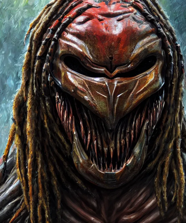 Prompt: a portrait of the predator by chris ayers, oil on canvas, deep depth field, masterpiece, by ken barthelmey and stan winston, trending on artstation, featured on pixiv, cinematic composition, hyper - detailed, hd, hdr, 4 k, 8 k