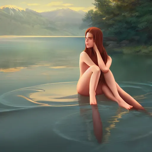 Image similar to woman sitting with her feet in a lake, beautiful and relaxing, very very very long hair, Makoto Shinkai ilya kuvshinov and Wojtek Fus