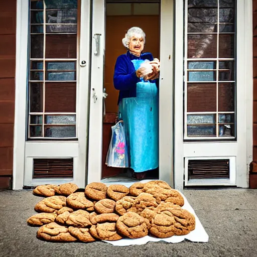 Image similar to Fisheye photo front door old woman selling cookies