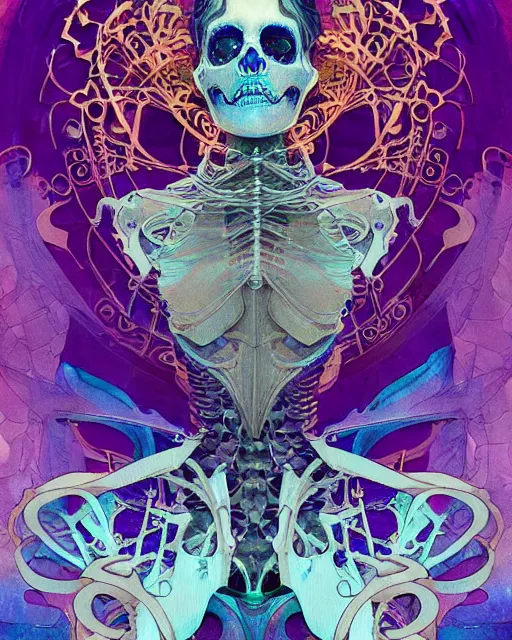 Image similar to glitch art bionic skeleton ghost, glitches, vaporwave, highly detailed, very intricate, art nouveau, filigree, romantic storybook fantasy, harsh lighting, award - winning, disney concept art watercolor illustration by mandy jurgens and alphonse mucha and alena aenami, glitch color palette, featured on artstation