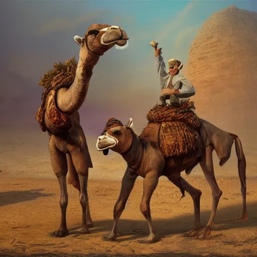 Image similar to Camels wrestling whilst pinocchio plays the accordion by james gurney, disney and Dan hillier, 8k, artstation