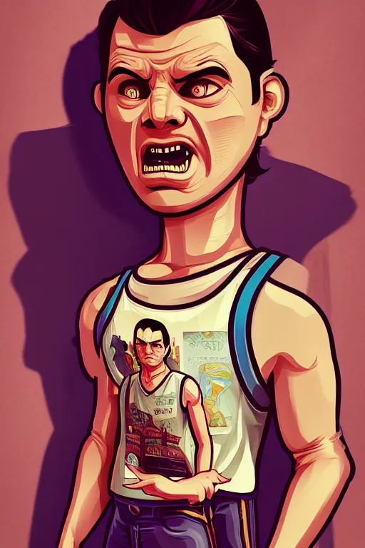 Image similar to boy with singlet tshirt and towel on shoulder. grand theft auto chinatown art style, bioshock art style pop art, no duplicate image, dynamic proportional, digital painting, artstation, concept art, smooth, sharp focus, illustration, intricate, hyperdetails, art by richard hamilton and mimmo rottela, pixels art by paul robertson