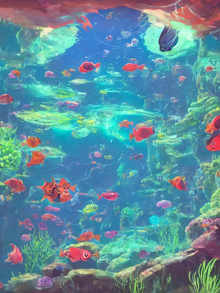 Prompt: neon fish under water by disney concept artists, blunt borders, rule of thirds