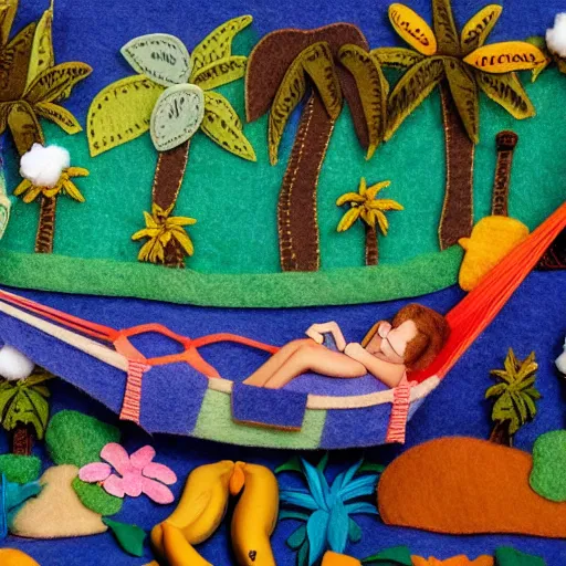 Image similar to detailed felt diorama of people sleeping in hammocks that look like bananas, jungle background with lots of palm trees