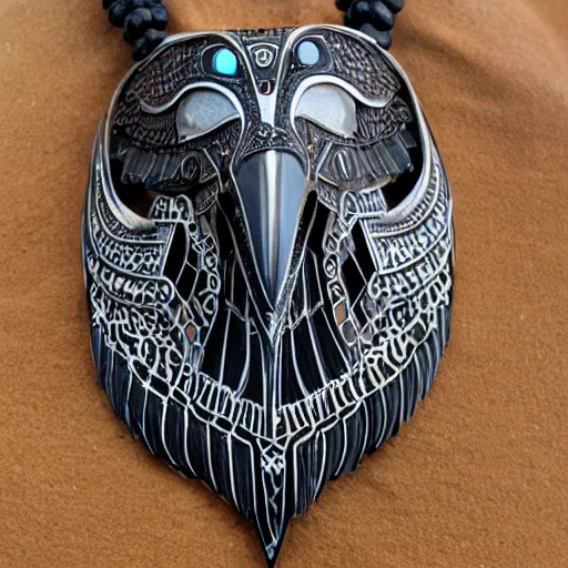 Prompt: jewelry inspired by the Haida Gwaii raven spirit, symmetrical, high detail, product photo