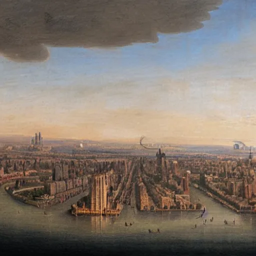 Image similar to New York City in 1750,viewed by a soldier, in the style of the Hudson River School