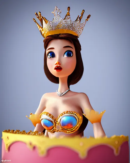 Image similar to closeup face profile portrait of a tin toy fairytale princess wearing a crown eating cakes, bikini, depth of field, zeiss lens, detailed, symmetrical, centered, fashion photoshoot by max fleischer, hyperrealistic, octane render