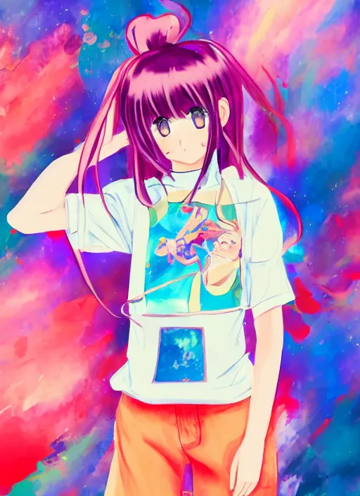 Image similar to a girl wearing thrifty clothing, very anime, trending artwork, 4 k, dynamic, anime painter studio, an impressionist style