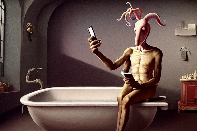 Image similar to hyperrealism aesthetic ridley scott and caravaggio and denis villeneuve style photography of a detailed giant squidward, siting on a detailed ultra huge toilet and scrolling his smartphone in surreal scene from detailed art house movie in style of alejandro jodorowsky and wes anderson