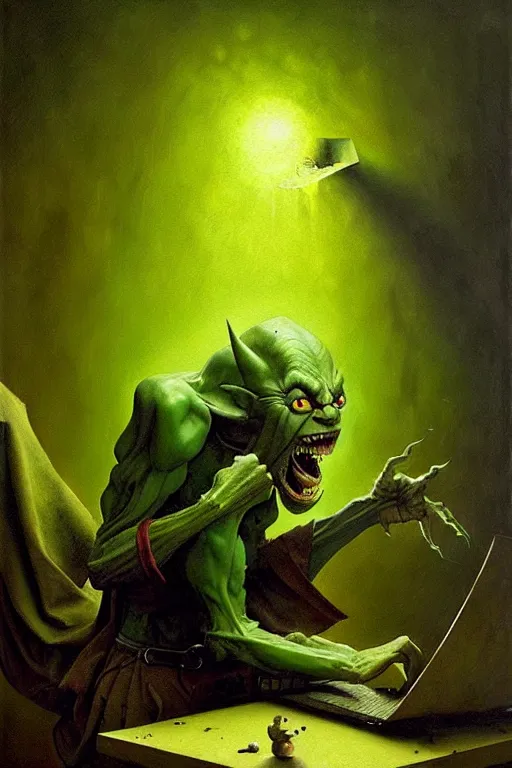 Image similar to hieronymus bosch, greg rutkowski, anna podedworna, painting of a green goblin screaming at a laptop