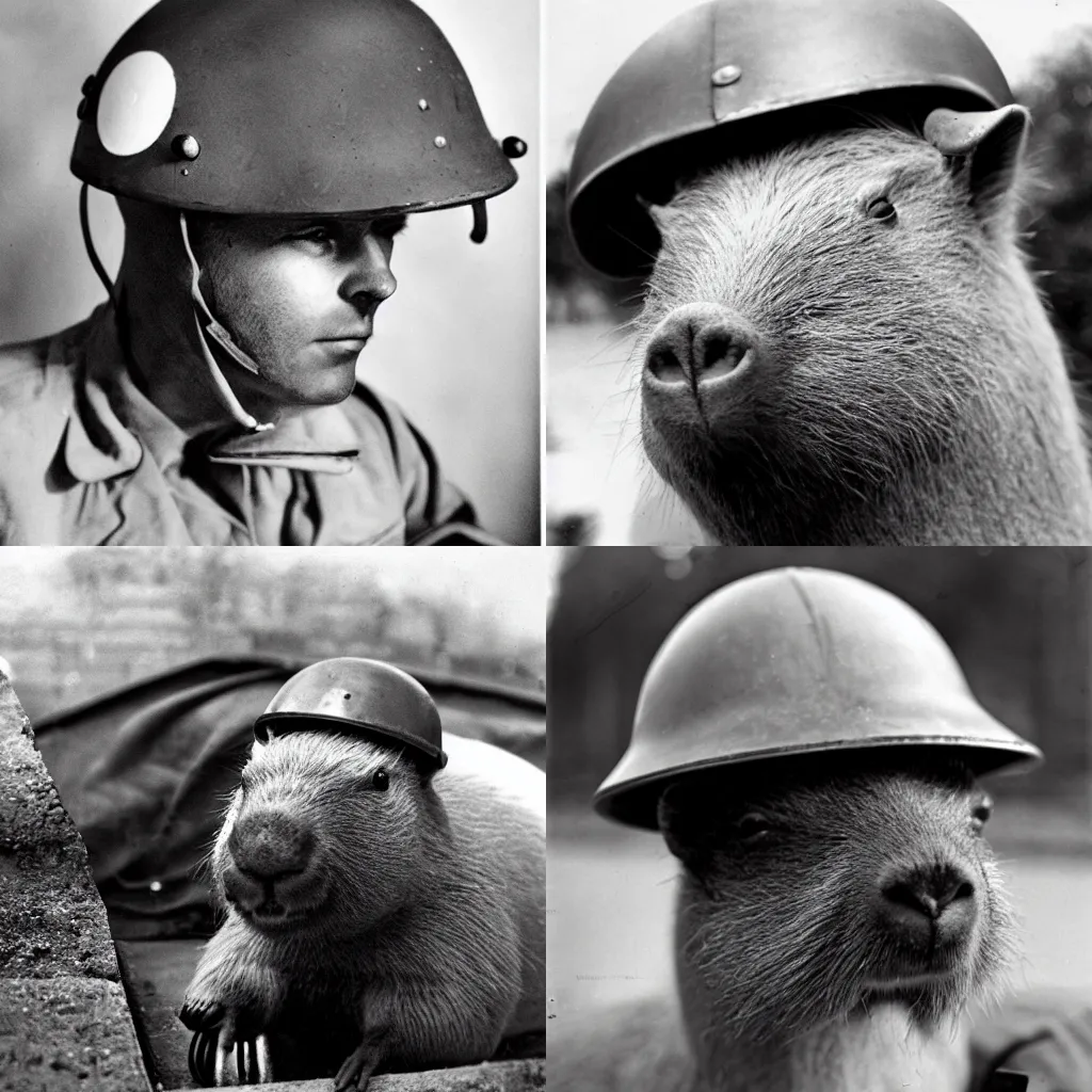 Prompt: Capybara wearing a WW2 helmet, archive photo, war photography, black and white