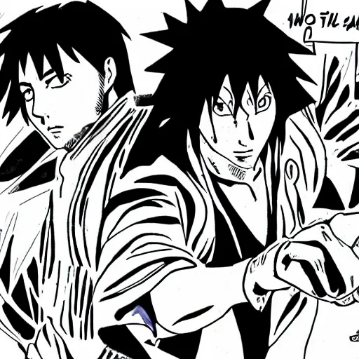 Image similar to Keanu Reeves teaches Sasuke how to chidori illustrated by Kishimoto highly detailed pen and ink manga panel