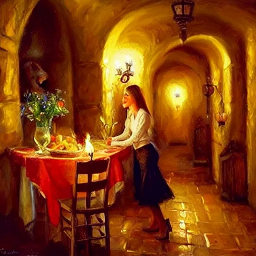 Image similar to wine cellar full of food, torches on the wall, schnapps, romantic, inviting, cozy, blonde woman, painting Vladimir Volegov