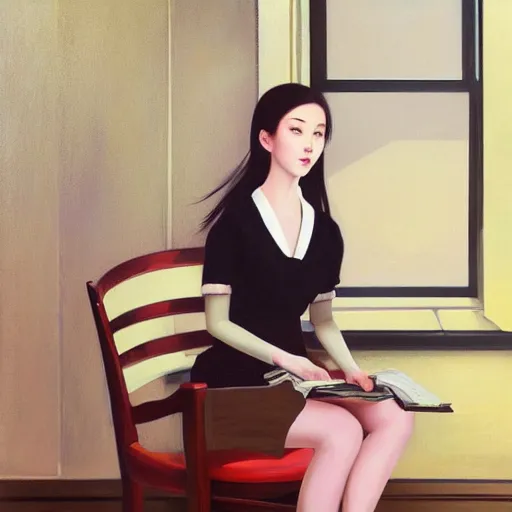 Image similar to oil painting by ilya kuvshinov,, baugh casey, rhads, coby whitmore, of a youthful japanese beauty, long hair, sitting on antique chair leaning against a desk, victorian room