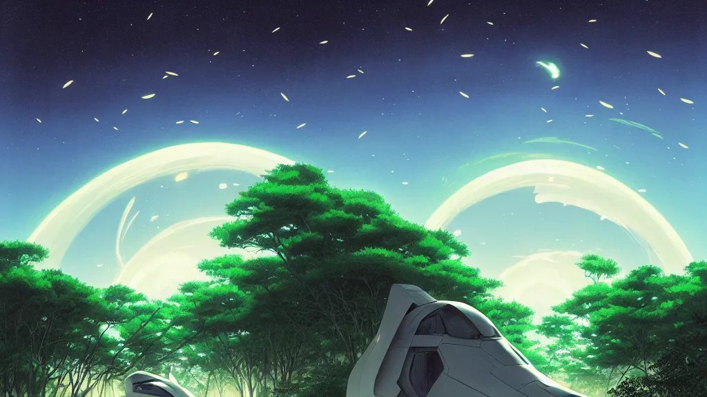 Prompt: a giant forest with fireflies and futuristic white temples at night and lots of cummulonimbus clouds and a spaceship by makoto shinkai, by moebius!, by oliver vernon, by joseph moncada, by damon soule, by manabu ikeda, by kyle hotz, by dan mumford, by kilian eng