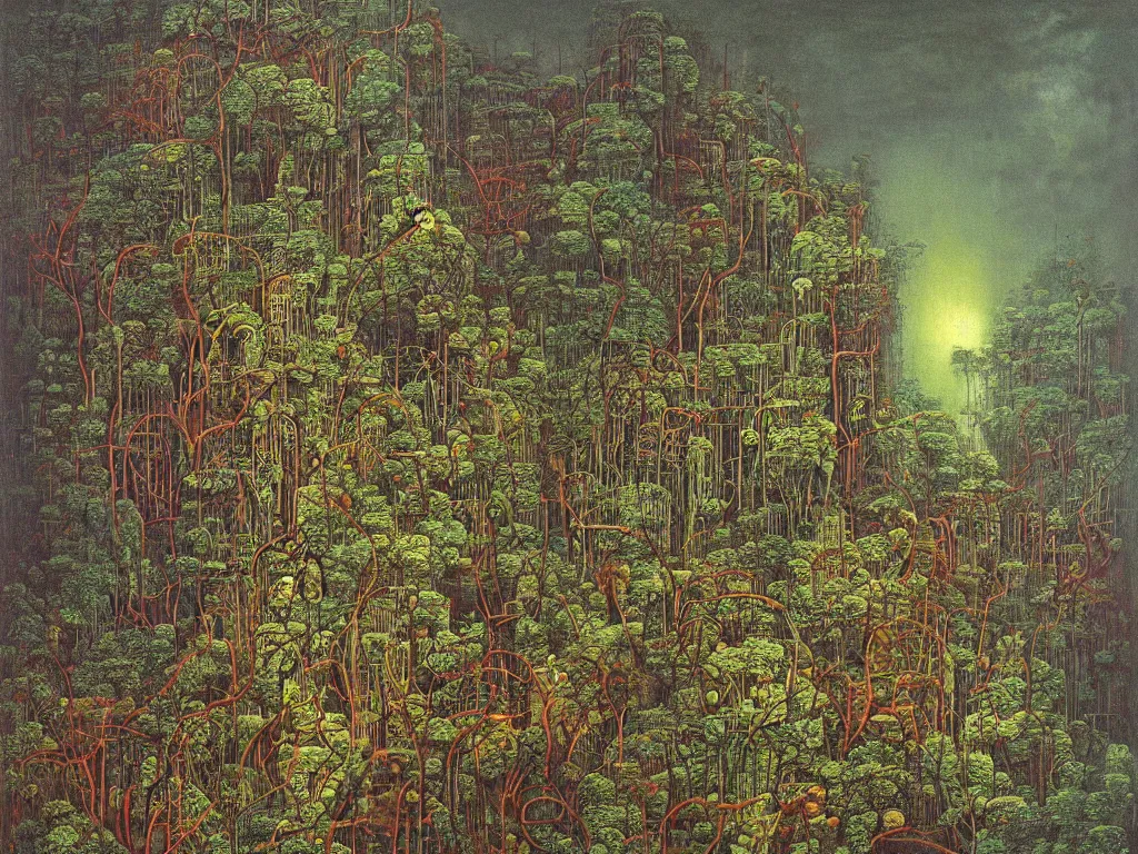 Prompt: Apocalypse with vegetation, leaves, creepers, ivy, ferns taking over the industrial metropolis, toxic, machinery, factory. Recursion. Thunderstorm, autumn light. Painting by Beksinski, Max Ernst