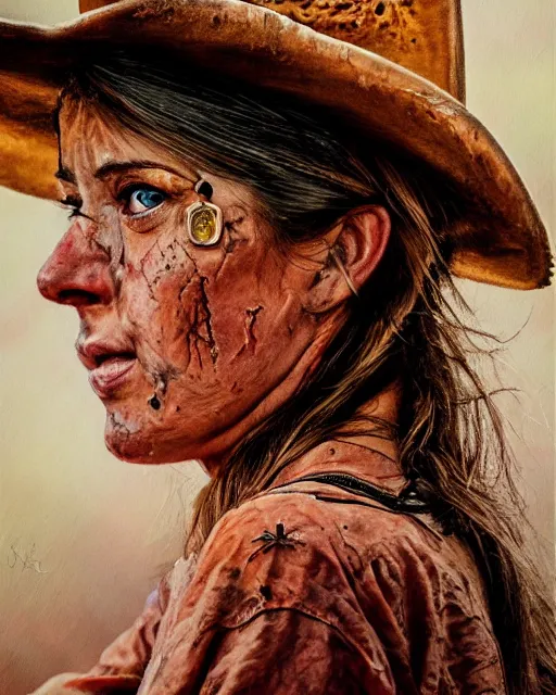 Image similar to acrylic portrait of scarred cowgirl, high production value, intricate details, high resolution, hdr, high definition, masterpiece, realistic, ultrarealistic, highly detailed, hd, sharp focus, non blurry, sharp, smooth