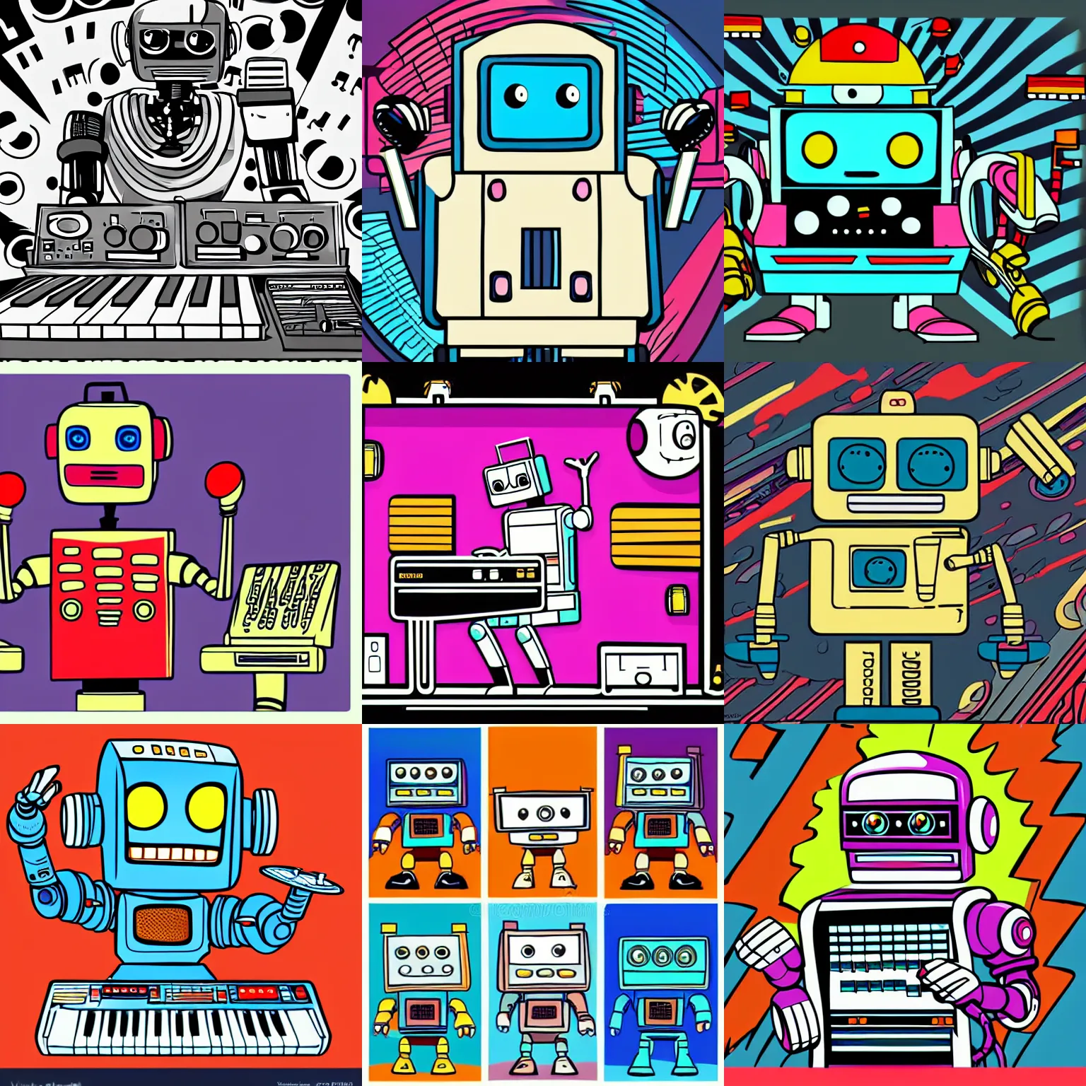 Prompt: a robot playing a synthesizer in the style of old cartoons, character, toon, colorful, vintage, detailed, high definition