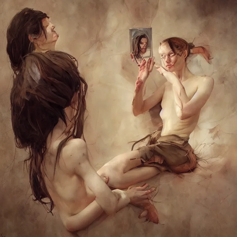 Image similar to ange watching mirrorl, 3 d render, esao andrews, jenny saville, surrealism, greg rutkowski