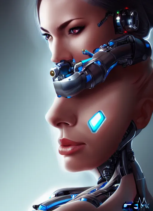 Image similar to portrait of a cyborg woman by Artgerm, biomechanical, hyper detailled, trending on artstation