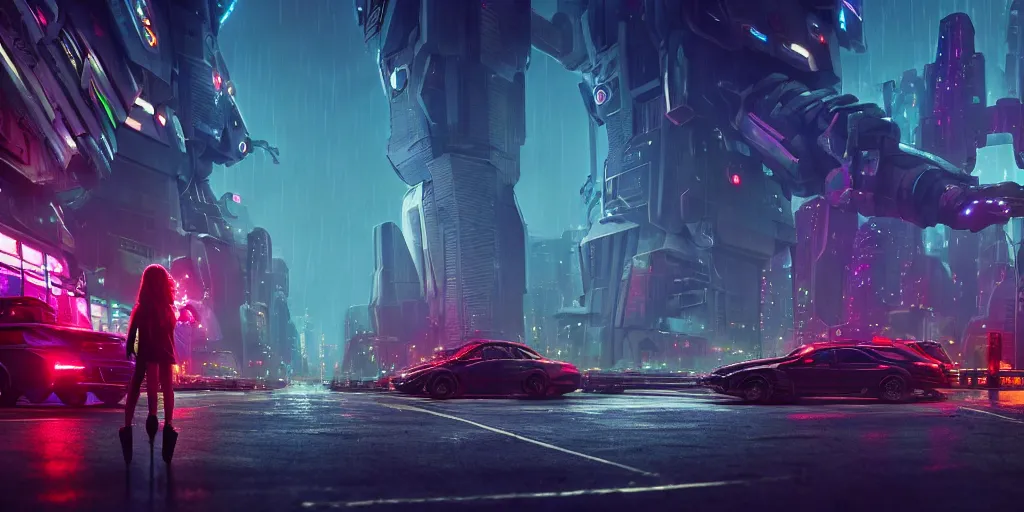 Image similar to sci - fi scene future new york, little girl holding the hand of a big robot mecha, forest punk, environmental lighting, stormy weather, ray tracing, amazing view, highly detailed, heavy traffic, neon shops, octane render, unreal engine 5, 4 k, concept art masterpiece