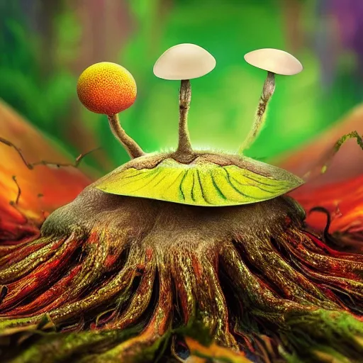 Prompt: the spore-bearing fruiting body of a fungus, typically in the form of a rounded multicolor cap on a relief stalk, especially one that is believed to be inedible or poisonous, fantasy art, trending on artstation, national geographic photos