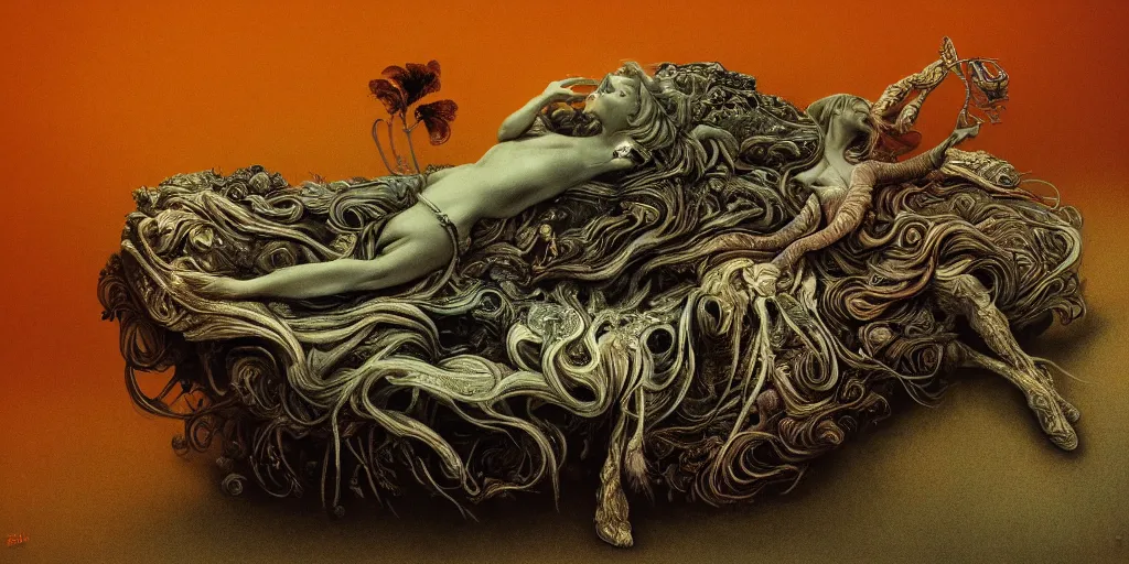 Prompt: a closeup ultrawide silverplate photo of a beautiful, female rococo fashion botanical model face shadow jelly fish fashion model, lying on a cadillac front boot, style by beksinski artgerm beeple odd nerdrum, featured print by dan mumford brock hofer james stokoe peter max, rendered in octane 8 k