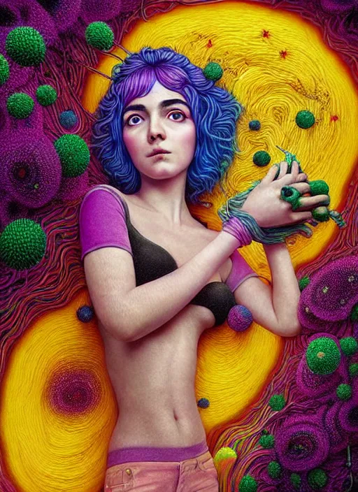 Image similar to hyper detailed 3d render like a Oil painting - Ramona Flowers with wavy black hair wearing thick mascara seen Eating of the Strangling network of colorful yellowcake and aerochrome and milky Fruit and Her staring intensely delicate Hands hold of gossamer polyp blossoms bring iridescent fungal flowers whose spores black the foolish stars by Jacek Yerka, Mariusz Lewandowski, Houdini algorithmic generative render, Abstract brush strokes, Masterpiece, Edward Hopper and James Gilleard, Zdzislaw Beksinski, Mark Ryden, Wolfgang Lettl, Dan Hiller, hints of Yayoi Kasuma, octane render, 8k