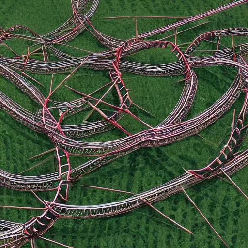 Prompt: a rollercoaster, tracks of barbed wire, birds eye view, realistic