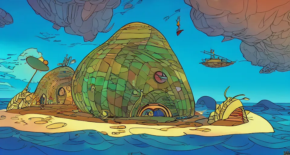 Image similar to giant abalone - shaped seashell house in the ocean by dr seuss, ralph mcquarrie, in the style of zelda windwaker, triadic color scheme, cell shading, 3 d