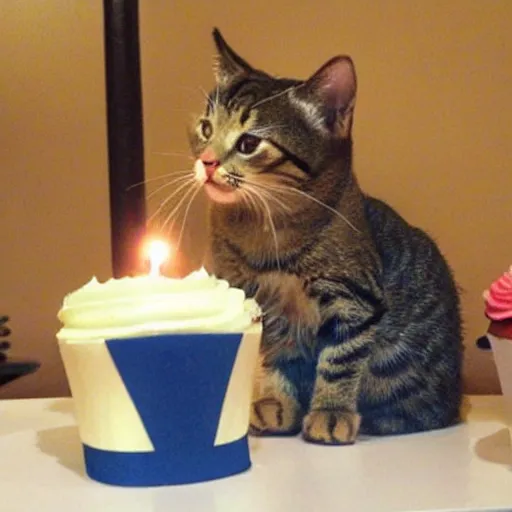 Prompt: a cute cat blowing out a candle on a cupcake