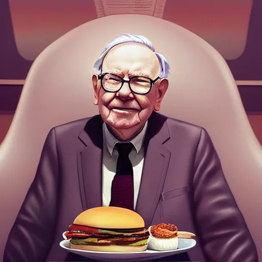 Image similar to portrait of warren buffett, sitting inside a mcdonalds, hamburger, exude an eternity, hyperrealistic, by beeple, greg rutkowski, caspar david friedrich, smooth, illustration, elegant, artstation, digital painting.