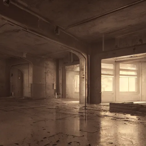 Image similar to gritty, cinematic, liminal space, 3d render, photorealism