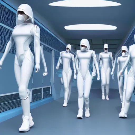 Image similar to troop of cloned women with white bob hairdos, tight light blue neopren suits, futuristic cloning facility, sci - fi, highly detailed, cinematic