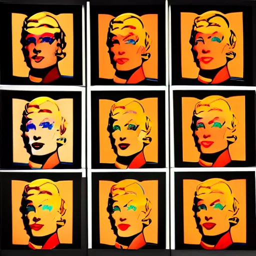 Image similar to old - style cyborg, 6 panels by andy warhol, with highly contrasted colors and an illuminating background