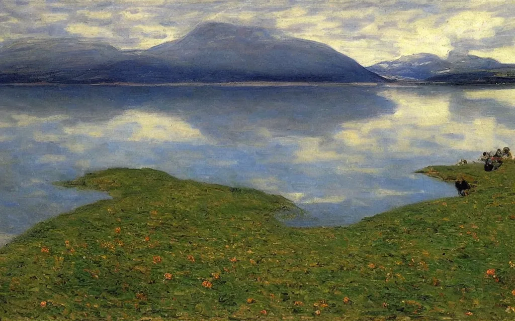 Prompt: a painting of large lake in norway, spring, oil on canvas, by peder severin kroyer