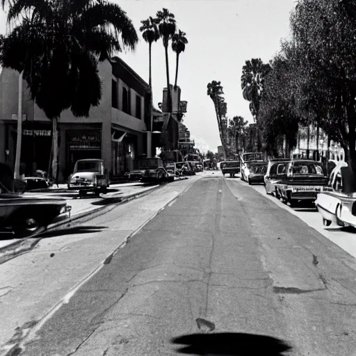 Prompt: photograph of a los angeles street in 1 9 6 9