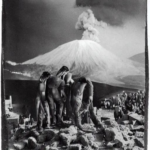 Image similar to tintype of Metallica playing at the eruption of vesuvius in pompeii