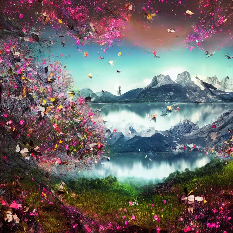 Image similar to a beautiful awesome artistic tree with falling flowers like leaves and many birds, all in the amazing outdoors view, mountain in the background, lake, long exposure, 8 k resolution, trending on artstation