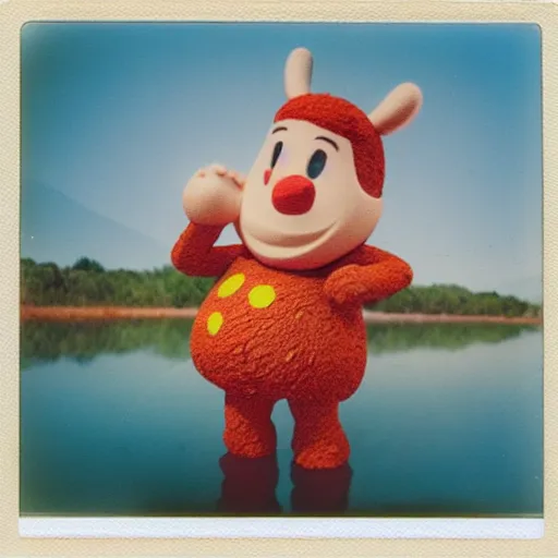 Image similar to A polaroid photo of a cereal mascot standing in a shallow river, dreamy lighting, hi-res photo