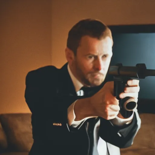 Prompt: A man in a black suit in a living room at night pointing a suppressor pistol at the camera, realistic, cinematic